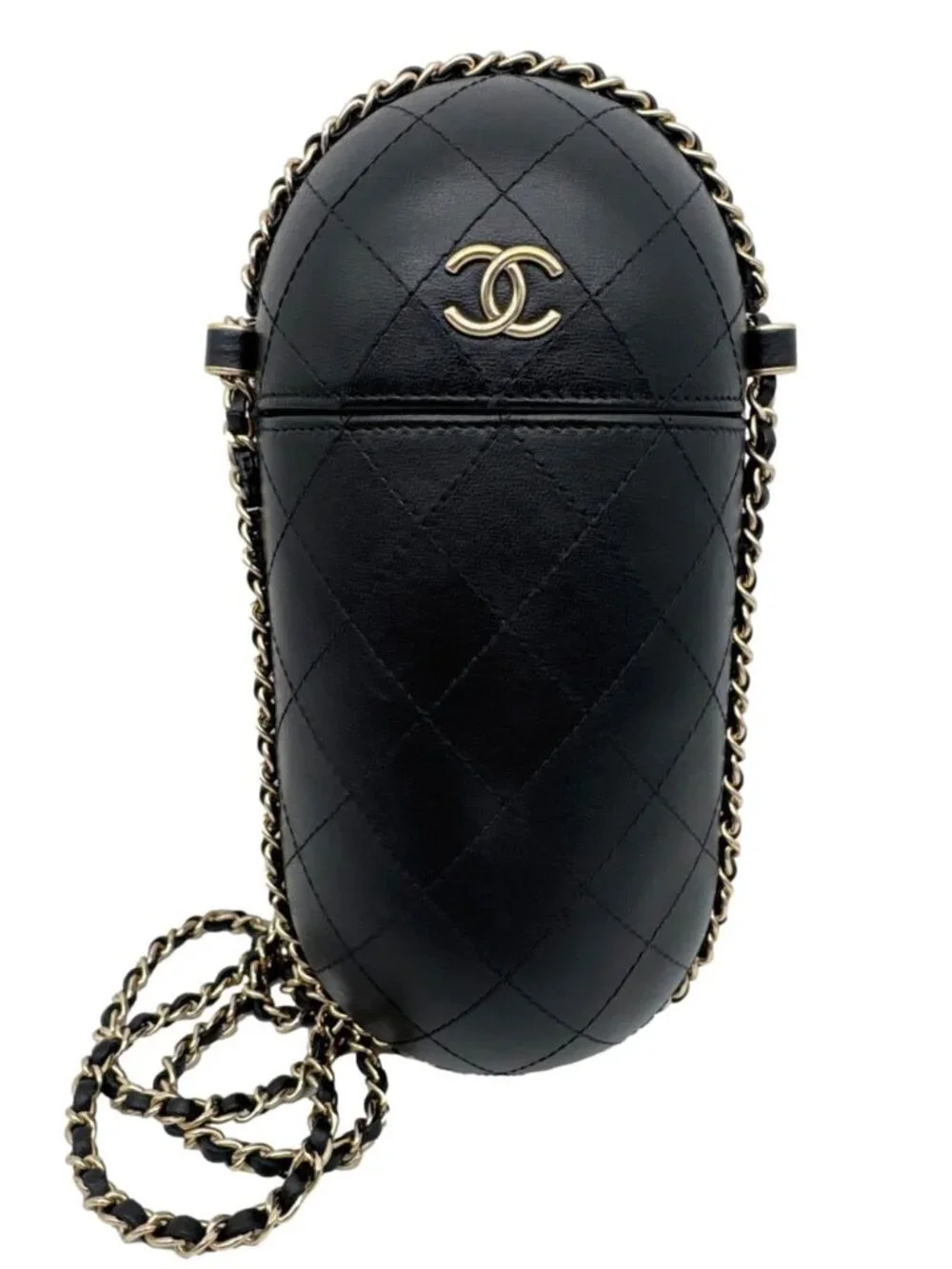 Chanel  Interlocking CC Logo Quilted Lambskin Leather Chain Around Phone Holder